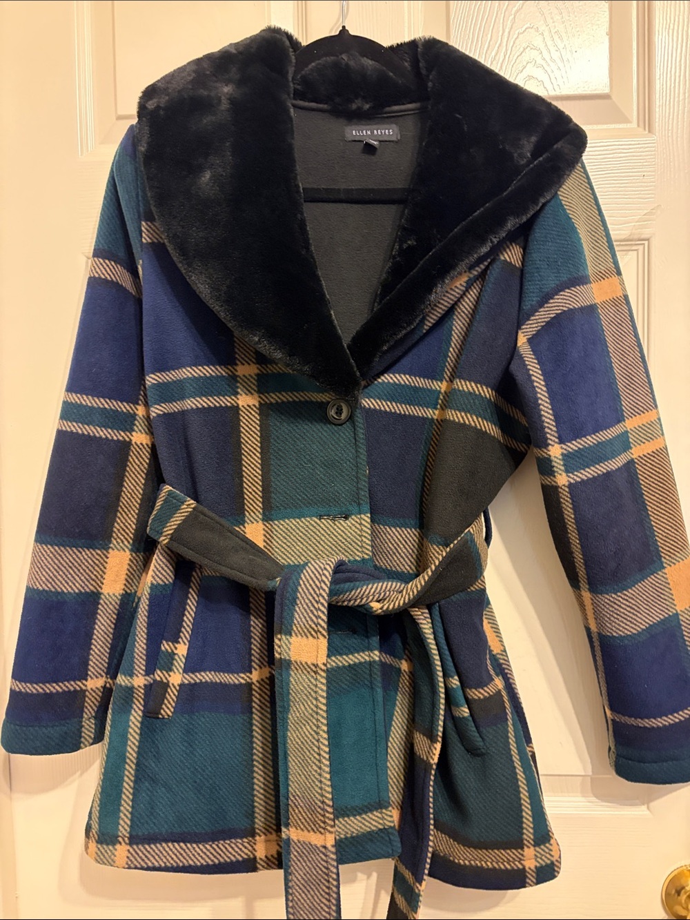 Teal & Navy Plaid Trench Coat with Black Faux Fur Collar